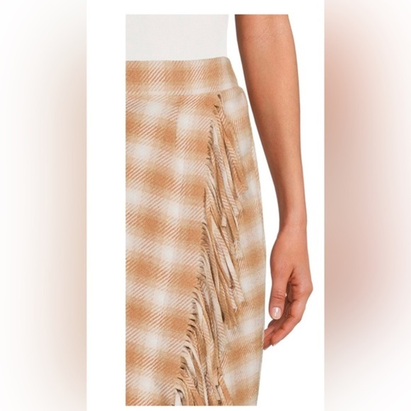 Tan and white plaid look Fringed Faux Wrap Skirt size large 12 14 brand new - Picture 3 of 7